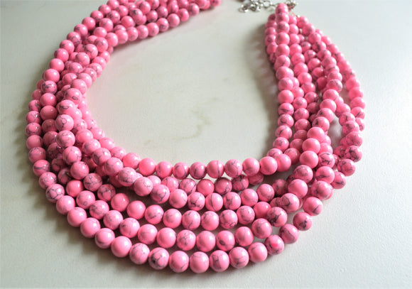 Pink Bead Chunky Howlite Multi Strand Statement Necklace - Michelle