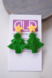 Green Christmas Pine Tree Lucite Acrylic Dangle Statement Earrings