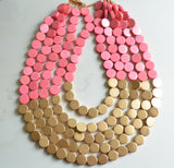 Pink Gold Wood Bead Chunky Multi Strand Statement Necklace - Regan