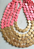 Pink Gold Wood Bead Chunky Multi Strand Statement Necklace - Regan