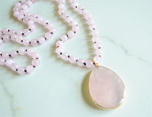 Pink Long Rose Quartz Stone Pendant Knotted Bead Necklace - Erin