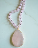 Pink Long Rose Quartz Stone Pendant Knotted Bead Necklace - Erin
