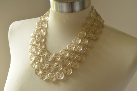 Clear Gold Lucite Bead Multi Strand Chunky Statement Necklace - Charlotte