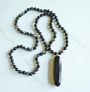 Black Agate Bead Knotted Pendant Long Statement Necklace - Freya