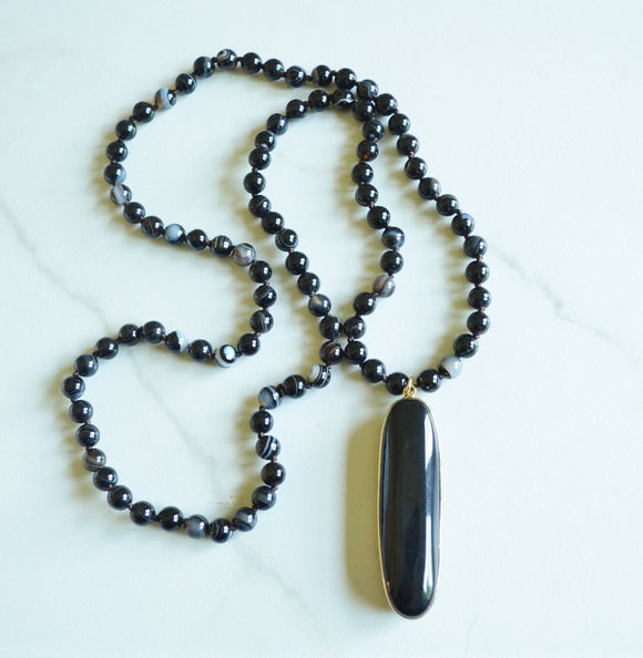 Black Agate Bead Knotted Pendant Long Statement Necklace - Freya