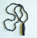 Black Agate Bead Knotted Pendant Long Statement Necklace - Freya