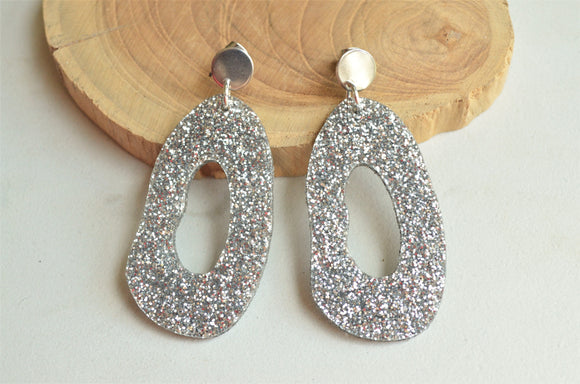 Silver Glitter Lucite Acrylic Big Statement Earrings - Sylvia
