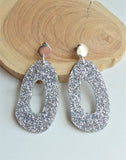 Silver Glitter Lucite Acrylic Big Statement Earrings - Sylvia