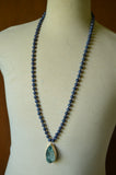 Blue Black Long Jasper Stone Bead Boho Agate Pendant Necklace - Seraphina