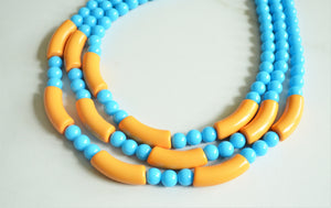 Yellow Turquoise Blue Acrylic Bead Multi Strand Statement Necklace