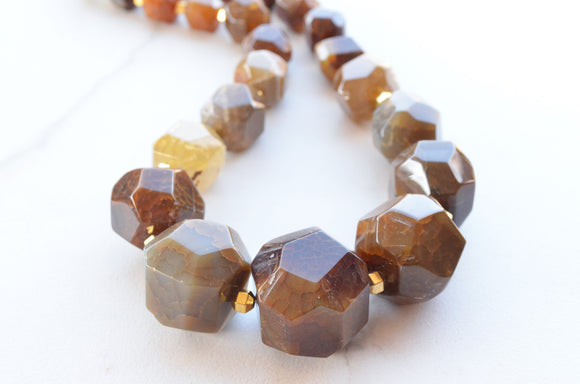 Brown Yellow Statement Beaded Agate Gemstone Chunky Stone Womens Necklace - Gemma