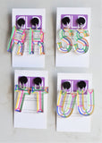 Alphabet Letter Initial Lucite Rainbow Multi Color Acrylic Statement Earrings