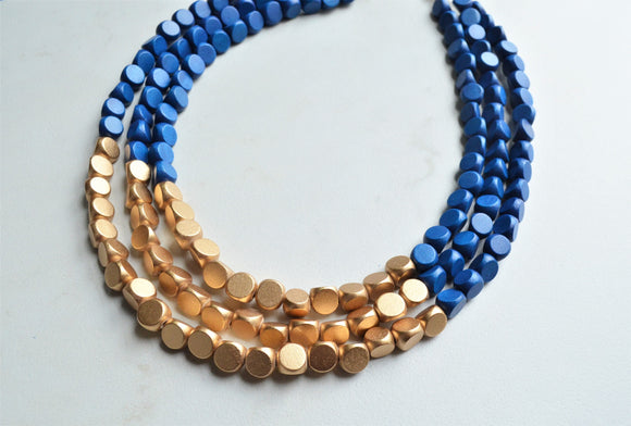 Blue Gold Wood Beaded Multi Strand Chunky Statement Necklace - Lisa