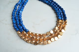 Blue Gold Wood Beaded Multi Strand Chunky Statement Necklace - Lisa
