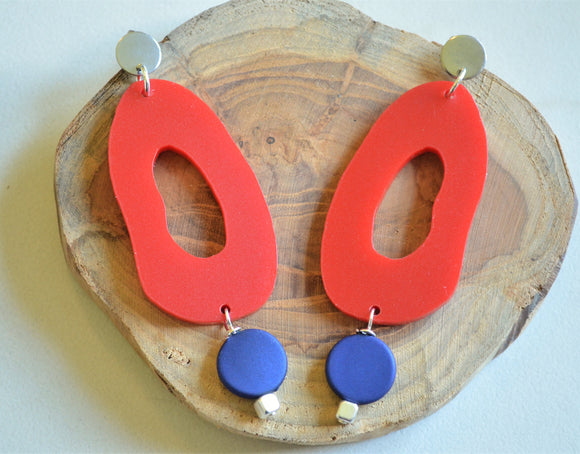 Red Blue Statement Acrylic Matte Lucite Big Dangle Earrings - Sylvia