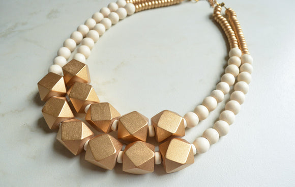 White Gold Statement Beaded Wood Chunky Multi Strand Necklace - Riley