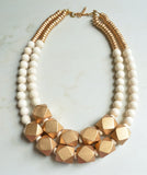 White Gold Statement Beaded Wood Chunky Multi Strand Necklace - Riley