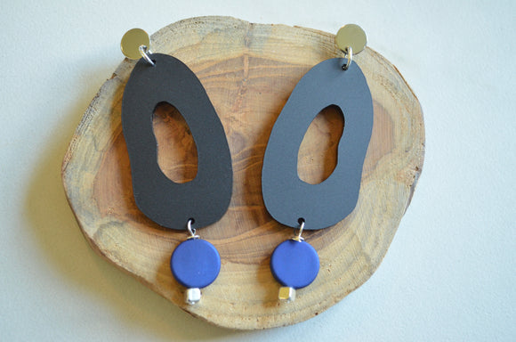 Black Blue Statement Acrylic Matte Lucite Big Dangle Earrings - Sylvia