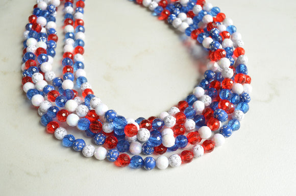 Red White Blue Fourth of July Independence Memorial Day Acrylic Beaded Statement Necklace