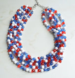 Red White Blue Fourth of July Independence Memorial Day Acrylic Beaded Statement Necklace