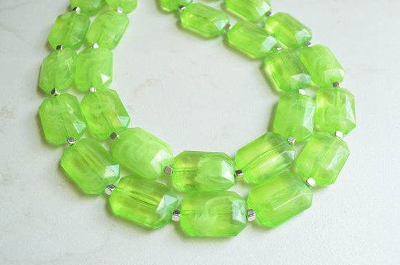 Lime Green Lucite Beaded Multi Strand Chunky Womens Statement Necklace - Jenny