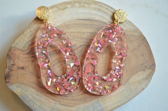 Pink Clear Glitter Lucite Acrylic Big Womens Statement Earrings - Sylvia
