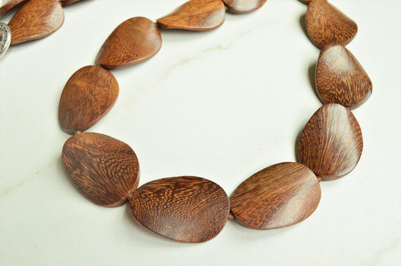 Brown Wood Beaded Long Chunky Boho Statement Necklace - Shelly