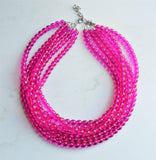 Hot Pink Glass Beaded Chunky Multi Strand Statement Necklace - Michelle