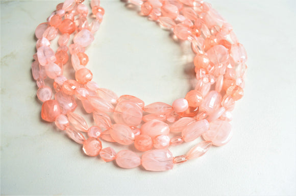 Peach Pink Lucite Bead Acrylic Chunky Multi Strand Statement Necklace - Valerie