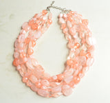 Peach Pink Lucite Bead Acrylic Chunky Multi Strand Statement Necklace - Valerie