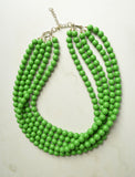 Apple Green Glass Beaded Chunky Multi Strand Statement Necklace - Alana