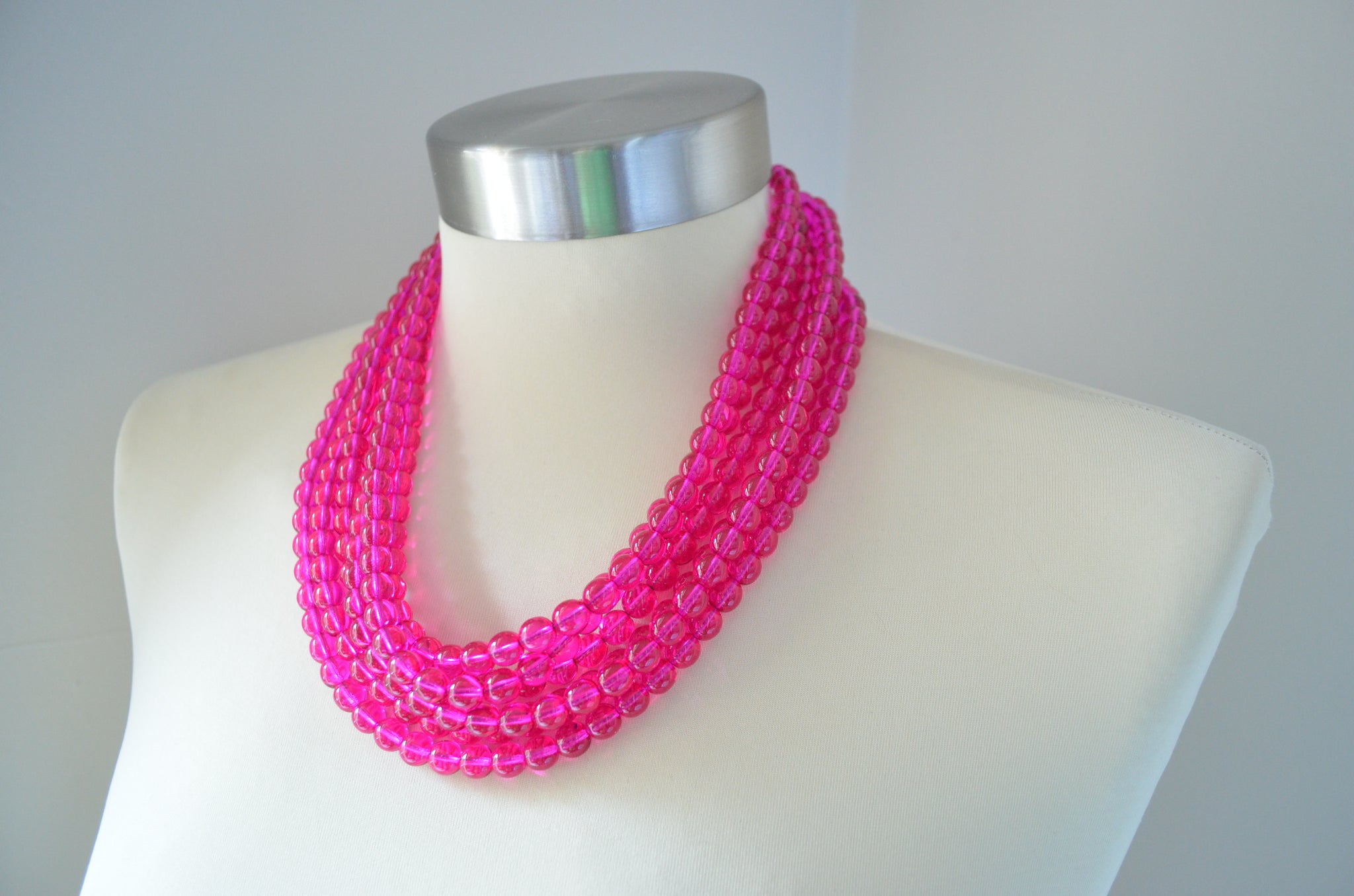 Hot Pink Pink Chunky Statement Necklace, 2 Strand Beaded Jewelry, Pink –  Polka Dot Drawer