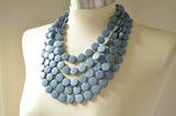 Gray Blue Wood Beaded Multi Strand Chunky Statement Necklace - Charlotte