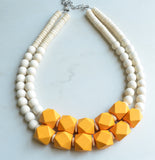 White Yellow Wood Bead Chunky Statement Necklace - Riley