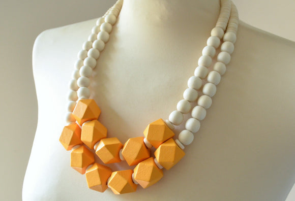 White Yellow Wood Bead Chunky Statement Necklace - Riley