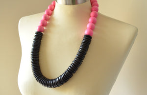Pink Black Wood Long Beaded Wooden Chunky Womens Statement Necklace - Elena