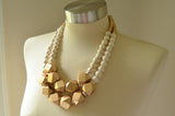 White Gold Statement Beaded Wood Chunky Multi Strand Necklace - Riley