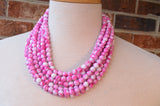 Pink White Acrylic Lucite Bead Chunky Statement Necklace - Alana