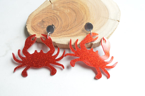 Lobster Crab Red Glitter Acrylic Big Dangle Statement Earrings