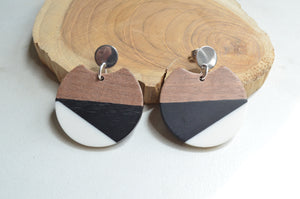 Black White Brown Lucite Wood Statement Big Earrings - Hanna