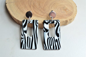 Black White Lucite Big Dangle Statement Earrings - Louise