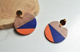 Orange Purple Lucite Wood Statement Big Earrings - Hanna