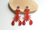 Lobster Crab Red Glitter Acrylic Big Dangle Statement Earrings