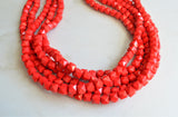 Red Acrylic Bead Chunky Multi Strand Statement Necklace - Lexi