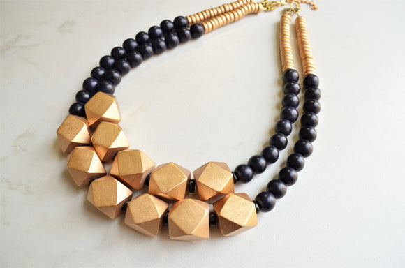 Black Gold Wood Beaded Multi Strand Statement Necklace - Riley