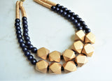 Black Gold Wood Beaded Multi Strand Statement Necklace - Riley