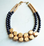Black Gold Wood Beaded Multi Strand Statement Necklace - Riley