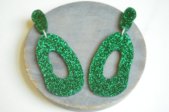 Emerald Green Glitter Lucite Acrylic Big Dangle Statement Earrings - Sylvia