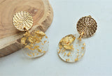 Gold Clear Acrylic Lucite Disc Big Dangle Statement Earrings