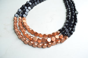 Black Copper Beaded Wood Chunky Multi Strand Statement Necklace - Lisa